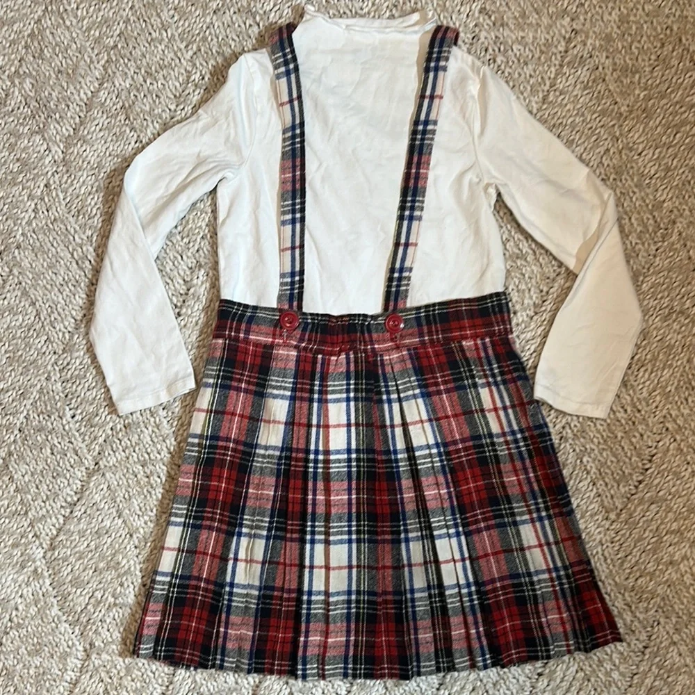EUC Vintage Plaid Suspender Skirt with White Long Sleeve Top size 4/5